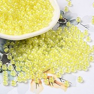 Glass Seed Beads, Inside Colours Lustered, Round, Yellow, 4x3mm, Hole: 1.4mm, about 7650pcs/pound(SEED-H002-L-A232)