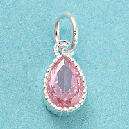 925 Sterling Silver Charms, with Cubic Zirconia, Faceted Teardrop, Silver, Pink, 8.5x5x3mm, Hole: 3mm(STER-G035-01B-04)