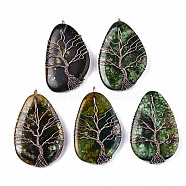 Natural Fire Agate Big Pendants, with Brass Findings, Wire Wrapped Pendants, Teardrop with Tree, 60~67x38~42x12~14mm, Hole: 5~6mm(G-S359-187)