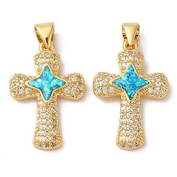 Rack Plating Brass Micro Pave Cubic Zirconia Pendants, Cadmium Free & Lead Free, Long-Lasting Plated, Cross, Real 18K Gold Plated, 23x15x3mm, Hole: 4x3mm(KK-P268-17A-G)