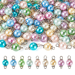 90Pcs 9 Colors Pearlized Glass Pearl Connector Charms, Round Links, with Platinum Tone Iron Double Loops, Mixed Color, 17x8mm, Hole: 2.5mm, 10pcs/color(PALLOY-TA0002-49A)