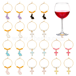 Alloy Enamel Wine Glass Charms, with Brass Wine Glass Charm Rings, Cross and Rabbit, Mixed Color, 48mm, 20pcs/set(AJEW-AB00152)