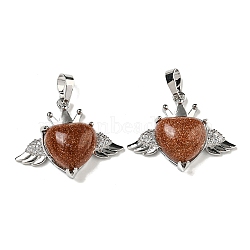 Synthetic Goldstone with Clear Cubic Zirconia Pendants, Heart & Wing Charms with Rack Plating Brass Findings, Platinum, Cadmium Free & Lead Free, 25x31.5x8.5~9mm, Hole: 7.9x5mm(G-G133-02P-27)