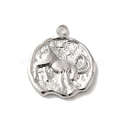 304 Stainless Steel Pendants, Textured Flat Round with Constellations Charm, Stainless Steel Color, Capricorn, 17.5x15.5x2mm, Hole: 1.8mm(STAS-B074-08P-12)