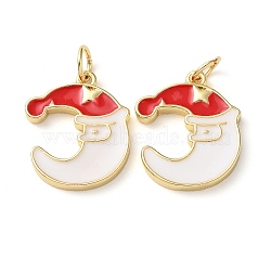 Christmas Rack Plating Brass Pendants, with Jump Ring and Enamel, Long-Lasting Real 18K Gold Plated, Cadmium Free & Lead Free, Moon with Christmas Hat Charm, White, 17x14x2mm, Hole: 3.4mm(KK-F857-02G)