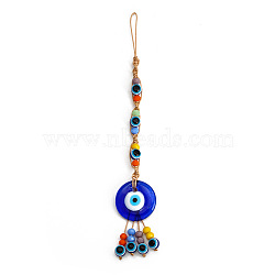 Flat Round with Evil Eye Glass Pendant Decorations, Polyester Braided Hanging Ornament, Royal Blue, 190mm(EVIL-PW0002-04C)