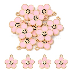 Alloy Enamel Pendants, Golden, Flower with Smiling Face Charm, Misty Rose, 15x14x2mm, Hole: 1.4mm(ENAM-YW0002-25B)