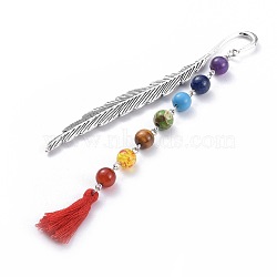 Chakra Jewelry, Alloy Bookmarks, with Natural & Synthetic Gemstone Beads, Resin Beads and Cotton Thread Tassels Pendant, Leaf, Red, 148mm(AJEW-JK00154-05)