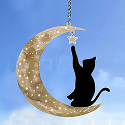 Acrylic Moon and Angel Cat Pendant Decoration, with Chain, for Home Wall Window Decoration Accessories, Black, 160mm(ANIM-PW0001-159E)