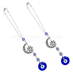 2Pcs Blue Evil Eye Car Hanging Ornament, with Alloy Moon/Sun Link and Glass Beaded for Car Rear View Mirror Decorations, Antique Silver, 230mm(HJEW-DC0001-12)