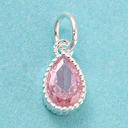 925 Sterling Silver Birthstone Charms, with Single Cubic Zirconia, Faceted Teardrop, Silver, Pink, 8.5x5x3mm, Hole: 3mm(STER-G035-01B-04)