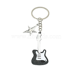 Acrylic & Alloy Keychain, with Iron Findings, Guitar & Star, Black, 12cm(KEYC-YW00051-02)