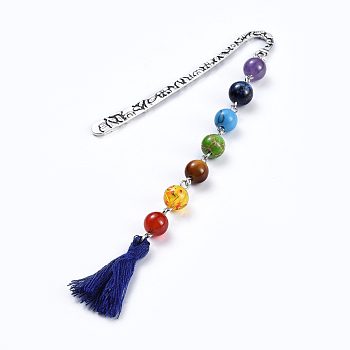 Chakra Jewelry, Alloy Bookmarks, with Natural/Synthetic Gemstone Beads, Cotton Thread Tassels, Dark Blue, 146x14.5mm