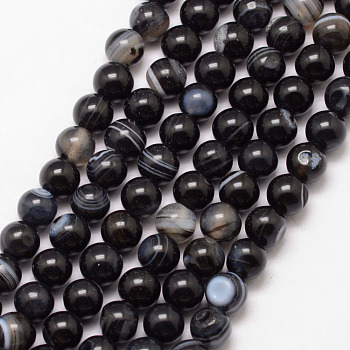 Natural Striped Agate/Banded Agate Bead Strands, Round, Grade A, Dyed & Heated, Black, 6mm, Hole: 1mm, about 61pcs/strand, 15 inch