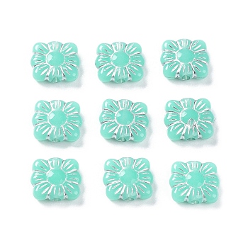 Opaque Acrylic Beads, Metal Enlaced, Square with Flower Pattern, Aquamarine, 9.5~10x10.5~11x3.5mm, Hole: 1.6mm, about 1990pcs/500g