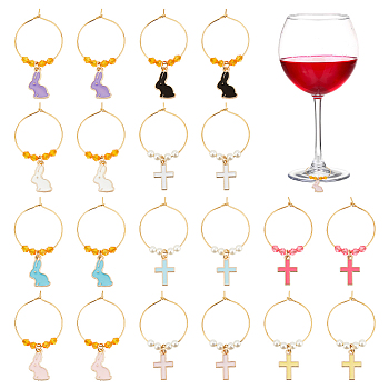 Alloy Enamel Wine Glass Charms, with Brass Wine Glass Charm Rings, Cross and Rabbit, Mixed Color, 48mm, 20pcs/set