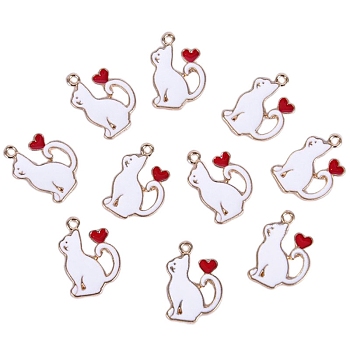Valentine's Day Alloy Enamel Pendants, Light Gold, Cat with Heart Charm, White, 21x15mm