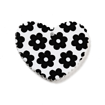Printed Acrylic Pendants, Heart with Flower Pattern, Black, 26x31.5x2mm, Hole: 1.5mm