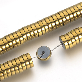 Electroplate Non-magnetic Synthetic Hematite Beads Spacers Strands, Heishi Beads, Flat Round/Disc, Golden Plated, 6x2mm, Hole: 1mm, about 193pcs/strand, 15.7 inch