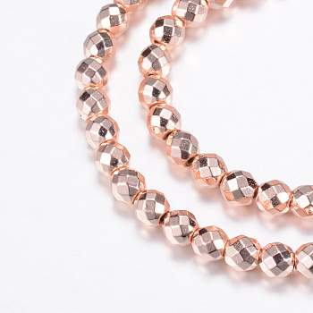 Electroplate Non-magnetic Synthetic Hematite Bead Strands, Round, Faceted, Rose Gold Plated, 2mm, Hole: 1mm, about 200pcs/strand, 15.7 inch