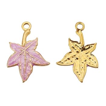 Stainless Steel Pendants, with Enamel, Golden, Maple Leaf Charm, Plum, 22x18mm, Hole: 1.8mm