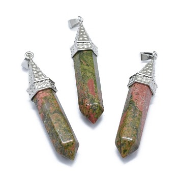 Natural Unakite Pointed Pendants, with Alloy Findings, Bullet, Platinum, 61x14.5x12.5mm, Hole: 3.5x
7.5mm