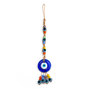 Flat Round with Evil Eye Glass Pendant Decorations, Polyester Braided Hanging Ornament, Royal Blue, 190mm