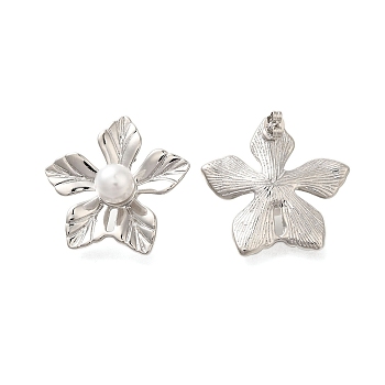 Rack Plating Flower Brass & ABS Imitation Pearl Stud Earrings, Lead Free & Cadmium Free, Long-Lasting Plated, Platinum, 30x30mm