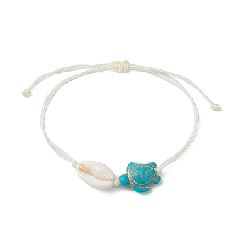 Synthetic Turquoise Turtle & Natural Shell Braided Bead Bracelet, Adjustable Bracelet, Turquoise, Inner Diameter: 3-1/2 inch(8.75cm)