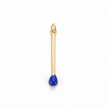 Brass Enamel Pendants, with Jump Ring, Cadmium Free & Nickel Free & Lead Free, Match, Real 16K Gold Plated, Blue, 30x4.5mm, Jump Ring: 5x1mm, 3mm inner diameter