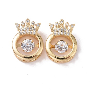 Brass Micro Pave Clear Cubic Zirconia Charms, Cadmium Free & Lead Free, Flat Round with Crown, Golden, 14.5x10.5x4.5mm, Hole: 3.5x4mm