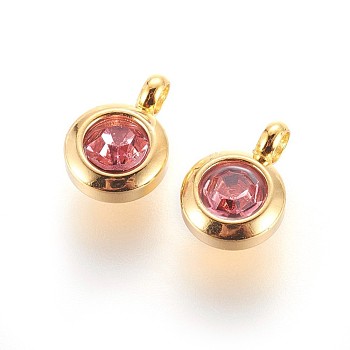 304 Stainless Steel Rhinestone Charms, July Birthstone Charms, Flat Round, Rose, 9.3x6.5x4mm, Hole: 2mm