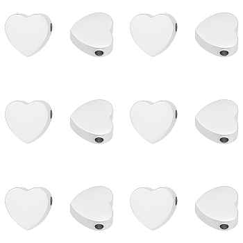 12Pcs 304 Stainless Steel Beads, Heart, Stainless Steel Color, 8.5x9x3mm, Hole: 1.8mm, 12pcs/box