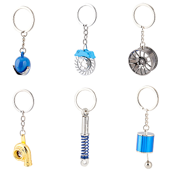 6Pcs 6 Style Alloy Keychains, with Iron Key Rings, Car Wheels Hub, Helmet, Car Gear, Car Brake Dis, Shock Absorber, Turbocharger, Mixed Color, 8.5~10.8cm, 1pc/style