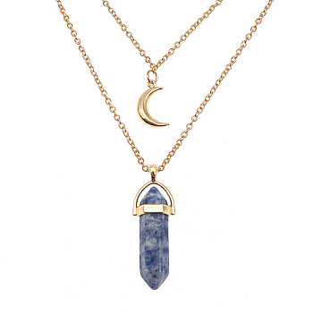 Natural Blue Spot Jasper Cone Pendant Double Layer Necklace, with Moon Charms, 19.69 inch(50cm)