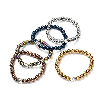 Synthetic Hematite Bracelet for Men Women, Alloy Buddha Head Stretch Bracelet, Mixed Color, Inner Diameter: 2-3/8 inch(6cm)
