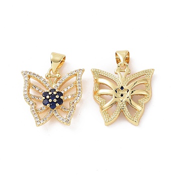 Brass Micro Pave Cubic Zirconia Pendants, Real 18K Gold Plated, Hollow Butterfly with Flower Charm, Blue, 18.5x18x4mm, Hole: 3.5x4.5mm