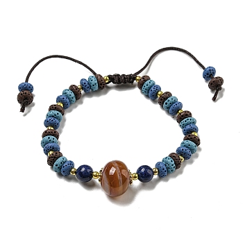 Dyed Natural Lava Rock Rondelle Braided Bead Bracelets, Dyed Natural Agate Link Bracelets for Women Men, Midnight Blue, Inner Diameter: 2~3-1/8 inch(5~8cm)