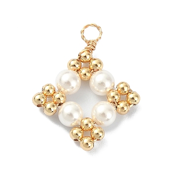 Shell Pearl Pendants with Brass Round Beads, Rhombus Charms, Golden, 22x17x4mm, Hole: 3mm