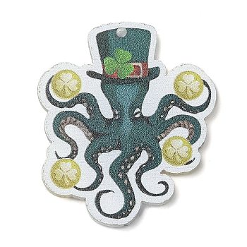 Saint Patrick's Day Opaque Printed Acrylic Pendants, Octopus, 39x34x2mm, Hole: 1.5mm