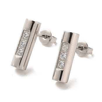 Column 304 Stainless Steel Stud Earrings, with Cubic Zirconia, Stainless Steel Color, 15x4.5mm
