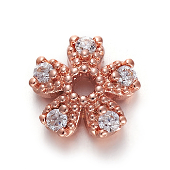 Brass Micro Pave Cubic Zirconia Bead Cap, 5-Petal, Flower, Clear, Rose Gold, 8x8x3mm, Hole: 1.4mm