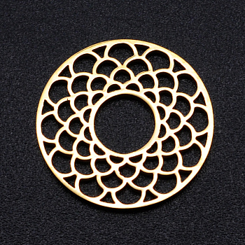 201 Stainless Steel Filigree Joiners Links, Laser Cut, Flat Round with Flower, Golden, 17.5x1mm