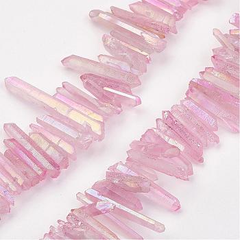 Electroplated Natural Quartz Bead Strands, Dyed, Irregular Strip, Pink, 11.5~32x2~6mm, Hole: 1mm, about 38~40pcs/strand, 7.8 inch(200mm)