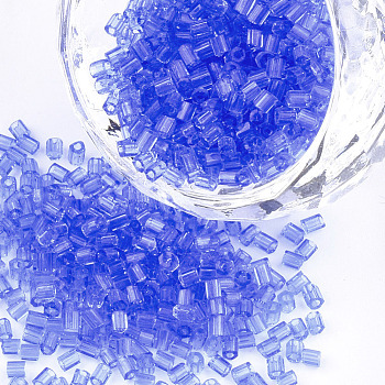 Grade A Glass Seed Beads, Hexagon(Two Cut), Transparent Colours, Royal Blue, 1.5~2.5x1.5~2mm, Hole: 0.8mm, about 2100pcs/bag, 450g/bag