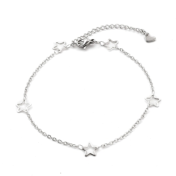 304 Stainless Steel Cable Chain Anklets, with Star Links and Lobster Claw Clasps, Stainless Steel Color, 9-1/8 inch(23.2cm)