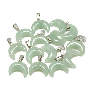 Natural Green Aventurine Pendants, with Stainless Steel Snap On Bails, Moon, Stainless Steel Color, 18~19x20x6mm, Hole: 6x2.5mm