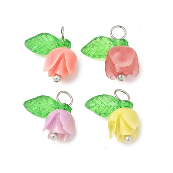 4Pcs 4 Colors Rose Flower Shape Synthetic Shell Charms, with Brass Loops & Transparent Acrylic Leaf, Platinum, Mixed Color, 13x11x6.5mm, Hole: 3mm, 1pc/color