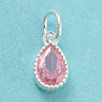 925 Sterling Silver Charms, with Cubic Zirconia, Faceted Teardrop, Silver, Pink, 8.5x5x3mm, Hole: 3mm