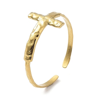 304 Stainless Steel Finger Rings, Polished, Religion Cross Cuff Rings for Women, Real 18K Gold Plated, 1.5mm, Inner Diameter: 17.6mm